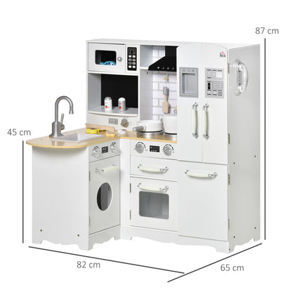 Wooden Play Kitchen for Kids 3+ Years with Sounds 14 Accessories Kids Kitchen with Phone Removable Sink Microwave and Faucet 82x65x87 cm White