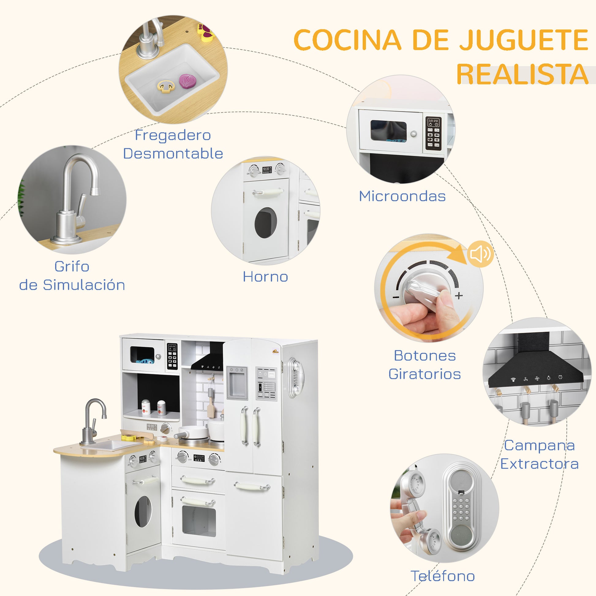 Wooden Play Kitchen for Kids 3+ Years with Sounds 14 Accessories Kids Kitchen with Phone Removable Sink Microwave and Faucet 82x65x87 cm White