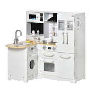 Wooden Play Kitchen for Kids 3+ Years with Sounds 14 Accessories Kids Kitchen with Phone Removable Sink Microwave and Faucet 82x65x87 cm White
