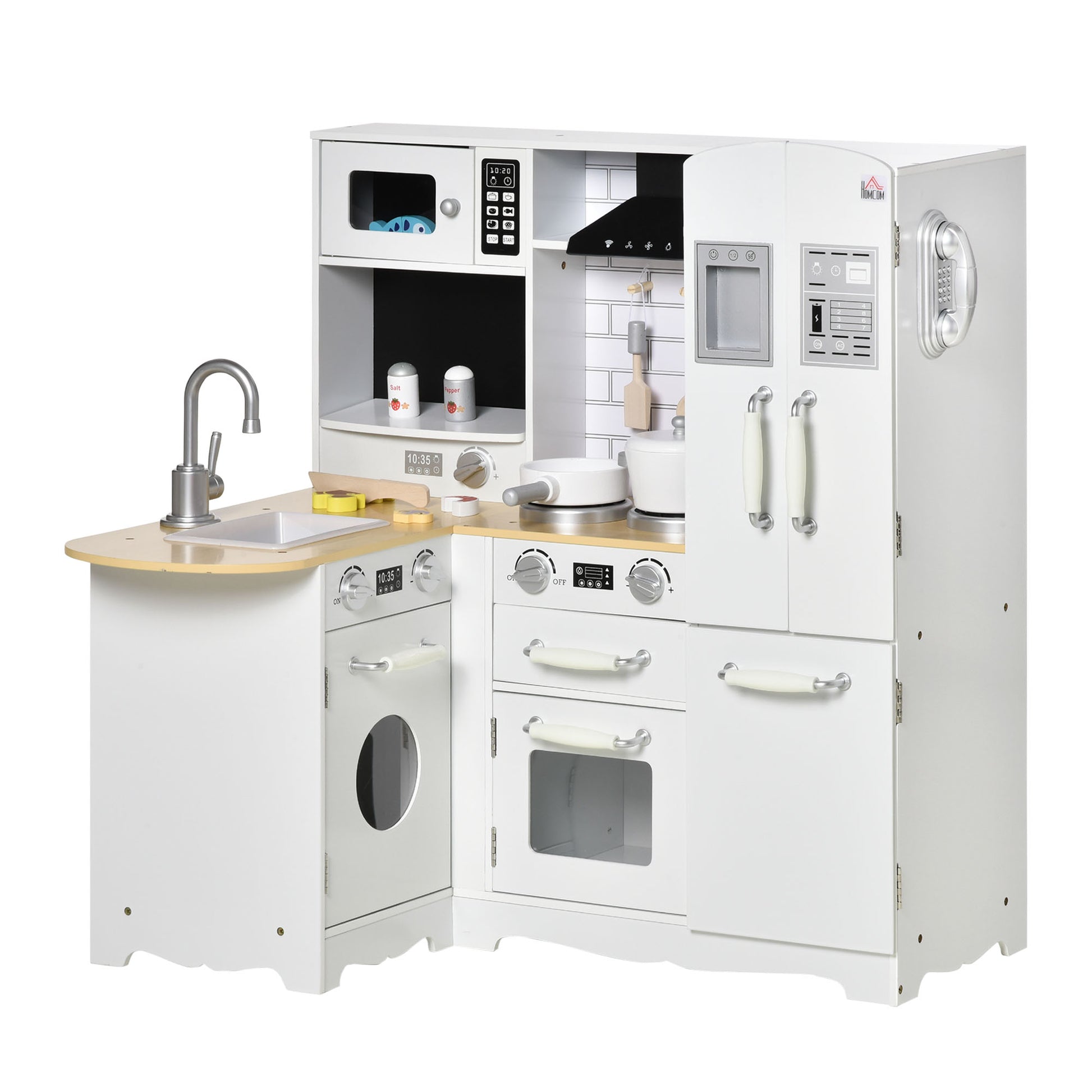 Wooden Play Kitchen for Kids 3+ Years with Sounds 14 Accessories Kids Kitchen with Phone Removable Sink Microwave and Faucet 82x65x87 cm White