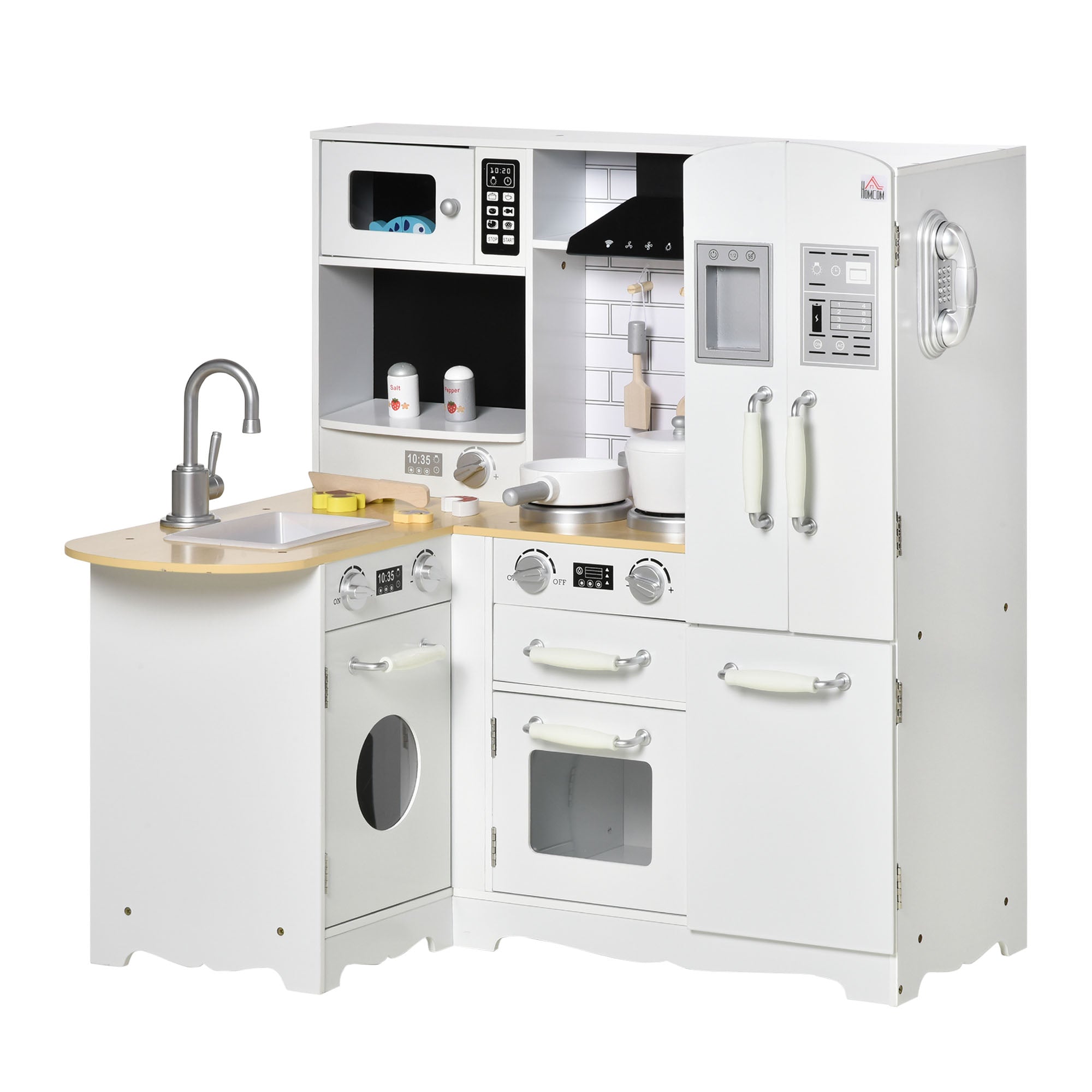 Wooden Play Kitchen for Kids 3+ Years with Sounds 14 Accessories Kids Kitchen with Phone Removable Sink Microwave and Faucet 82x65x87 cm White