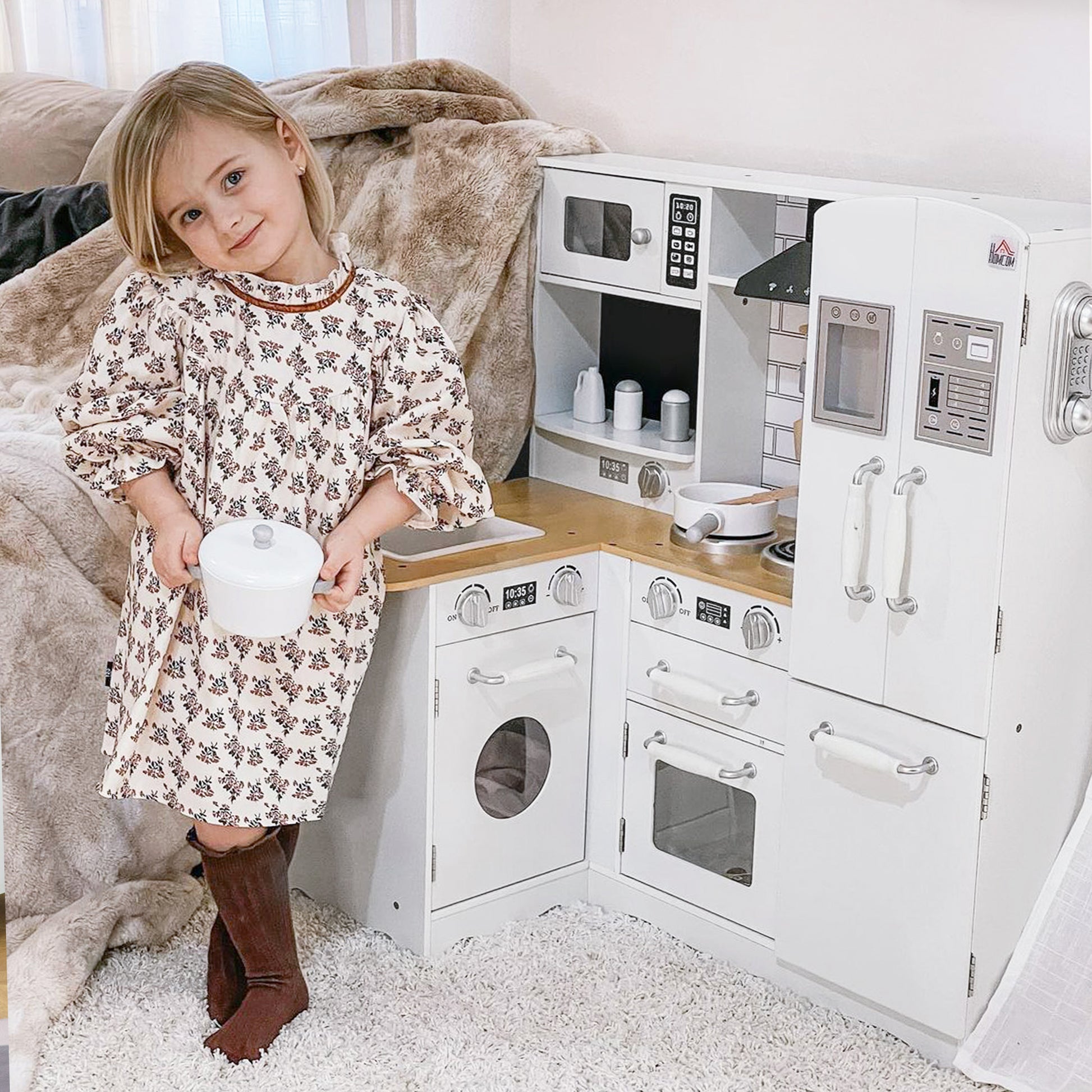 Wooden Play Kitchen for Kids 3+ Years with Sounds 14 Accessories Kids Kitchen with Phone Removable Sink Microwave and Faucet 82x65x87 cm White