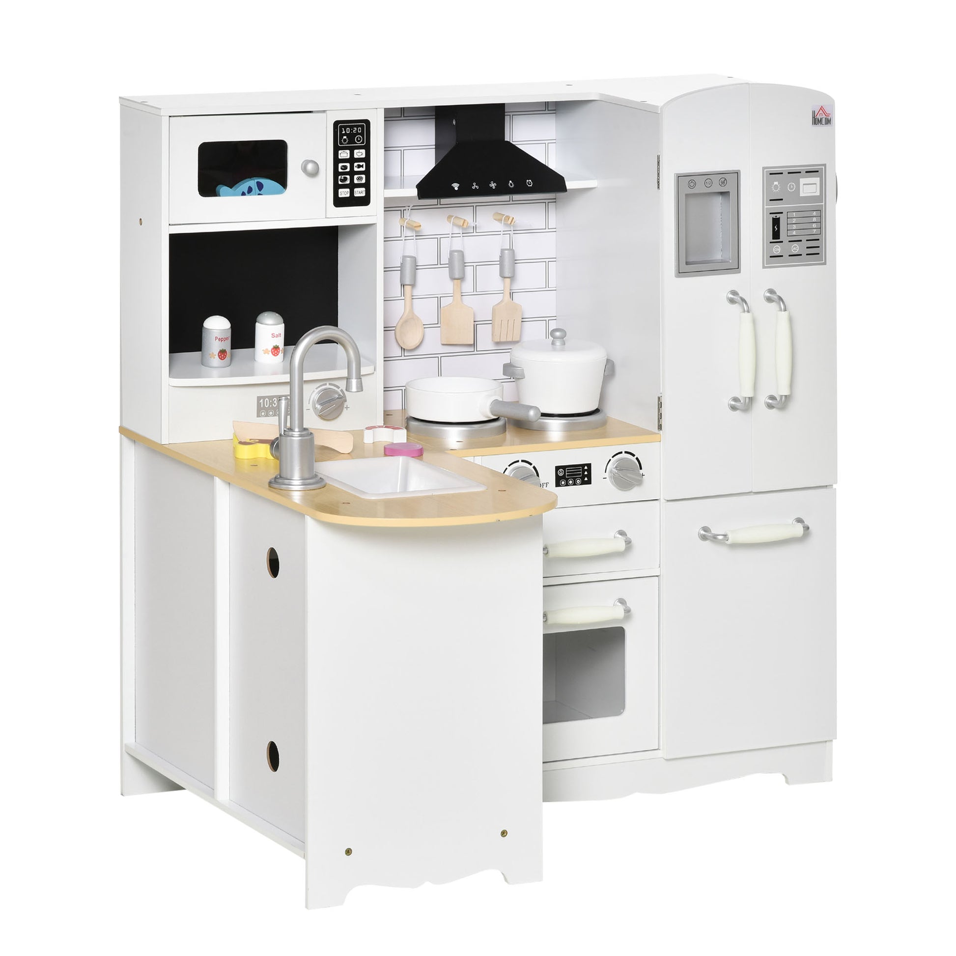 Wooden Play Kitchen for Kids 3+ Years with Sounds 14 Accessories Kids Kitchen with Phone Removable Sink Microwave and Faucet 82x65x87 cm White