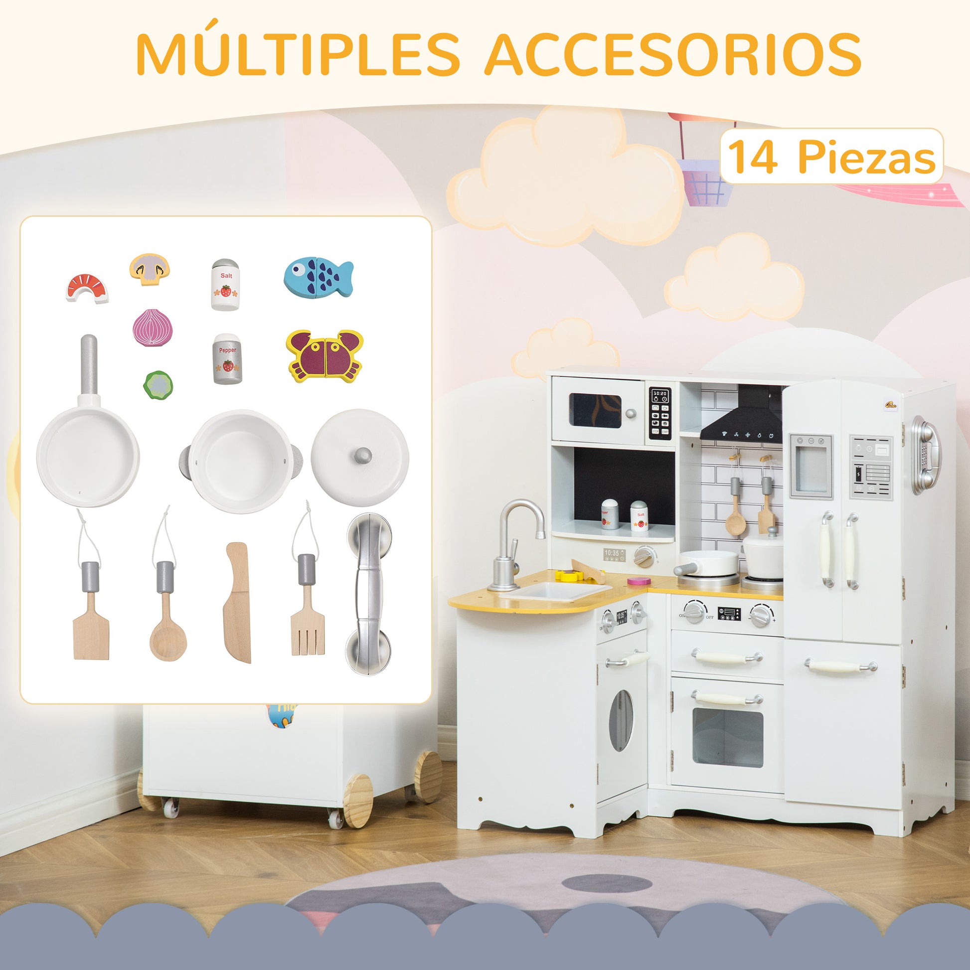 Wooden Play Kitchen for Kids 3+ Years with Sounds 14 Accessories Kids Kitchen with Phone Removable Sink Microwave and Faucet 82x65x87 cm White