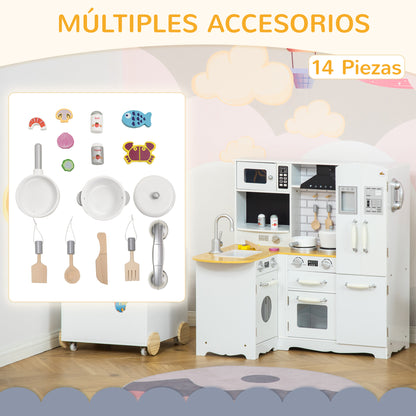 Wooden Play Kitchen for Kids 3+ Years with Sounds 14 Accessories Kids Kitchen with Phone Removable Sink Microwave and Faucet 82x65x87 cm White