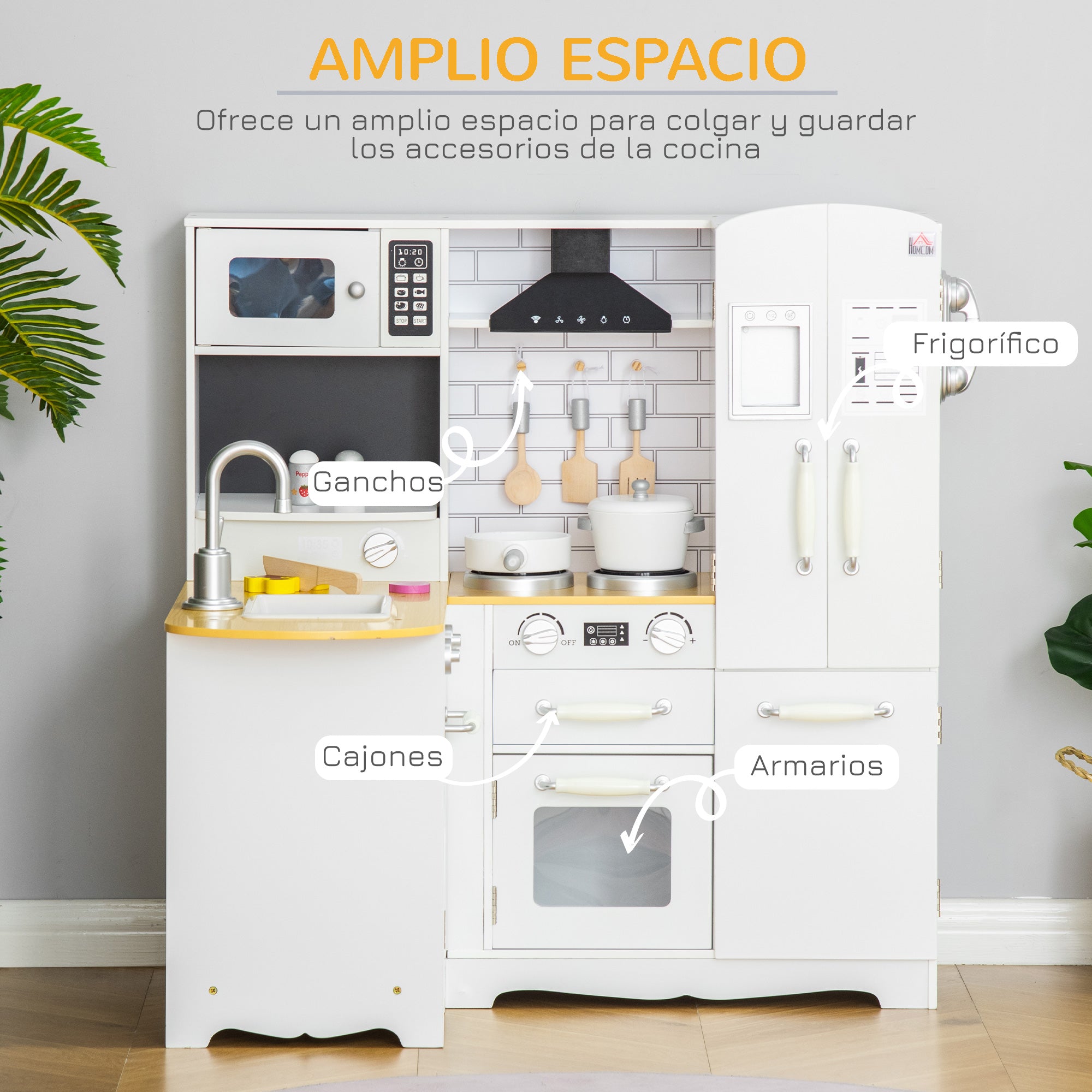 Wooden Play Kitchen for Kids 3+ Years with Sounds 14 Accessories Kids Kitchen with Phone Removable Sink Microwave and Faucet 82x65x87 cm White