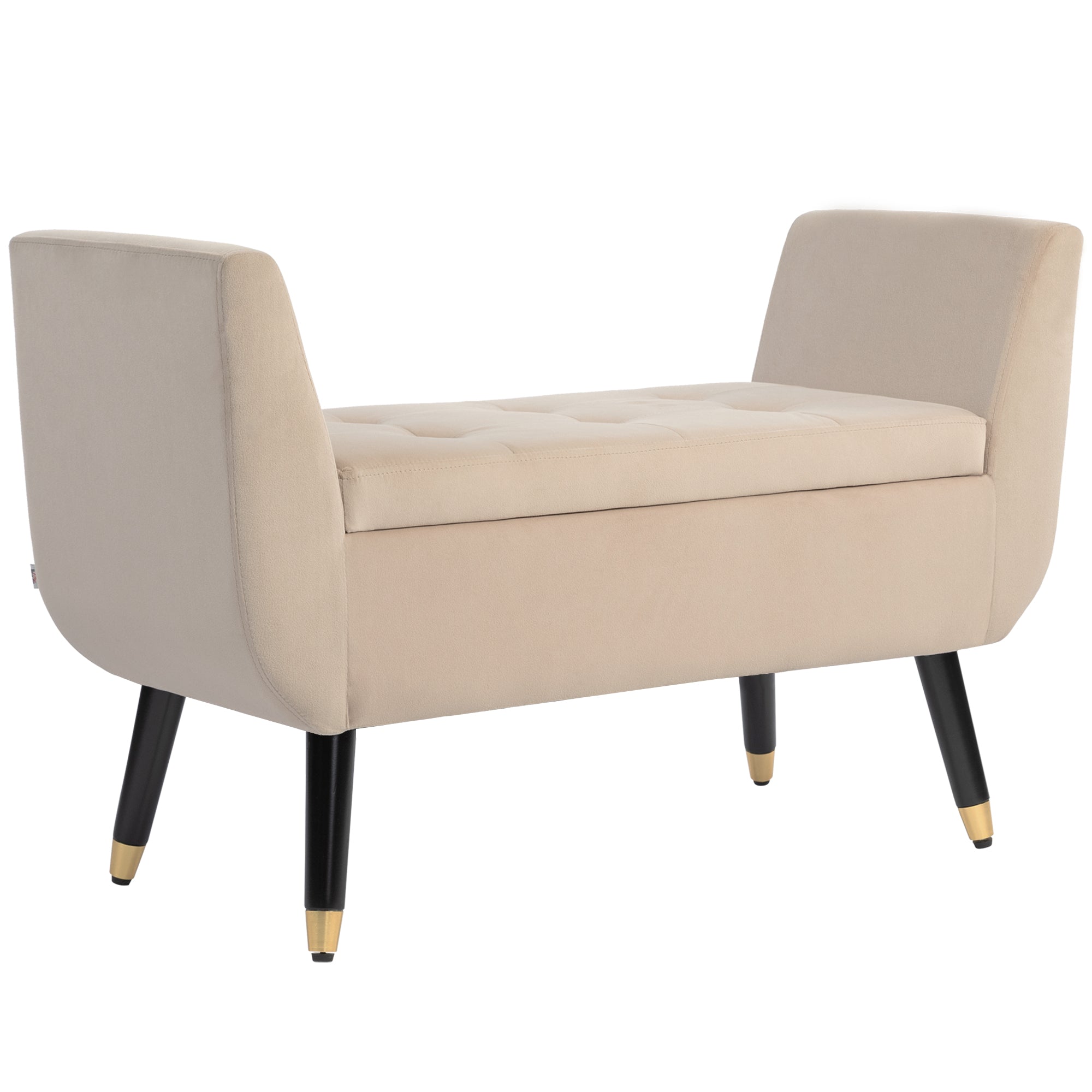 Bench with Storage Armrests Upholstered Bench with Velvet Look, Storage Chest with Wooden Legs, Entryway Bench for Living Room Bedroom Hallway 107 x 42 x 65 cm, Beige
