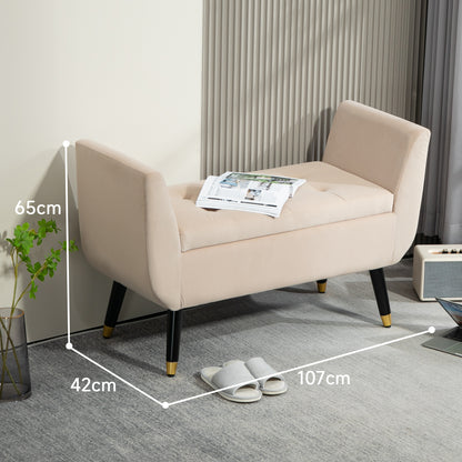 Bench with Storage Armrests Upholstered Bench with Velvet Look, Storage Chest with Wooden Legs, Entryway Bench for Living Room Bedroom Hallway 107 x 42 x 65 cm, Beige