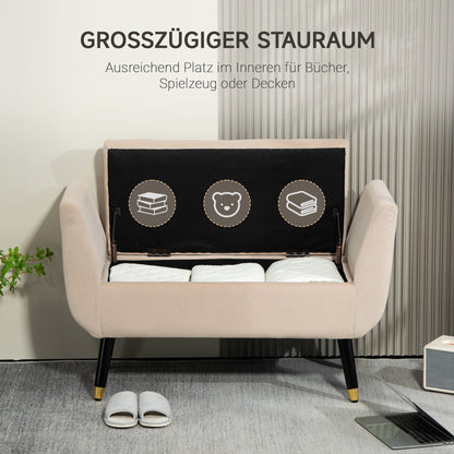 Bench with Storage Armrests Upholstered Bench with Velvet Look, Storage Chest with Wooden Legs, Entryway Bench for Living Room Bedroom Hallway 107 x 42 x 65 cm, Beige