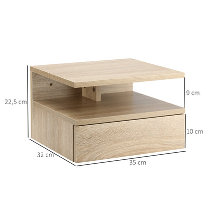 Set of 2 Floating Bedside Tables Hanging Nightstands with 1 Drawer and Open Shelf for Bedroom 35x32x22.5 cm Oak