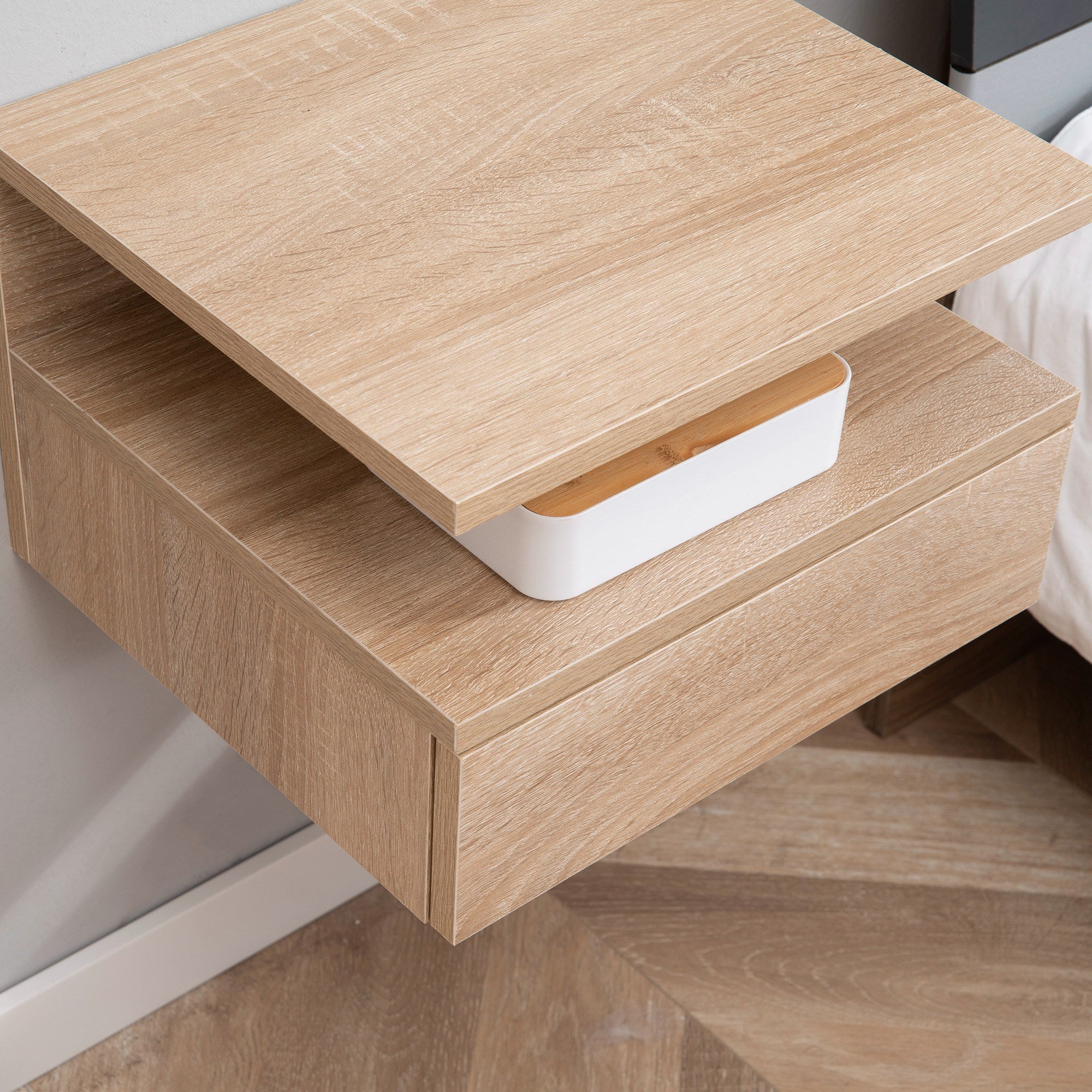 Set of 2 Floating Bedside Tables Hanging Nightstands with 1 Drawer and Open Shelf for Bedroom 35x32x22.5 cm Oak