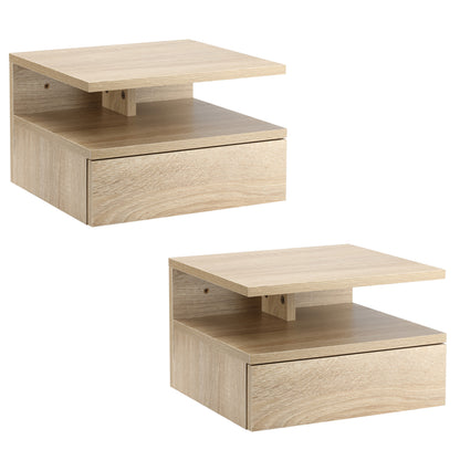 Set of 2 Floating Bedside Tables Hanging Nightstands with 1 Drawer and Open Shelf for Bedroom 35x32x22.5 cm Oak