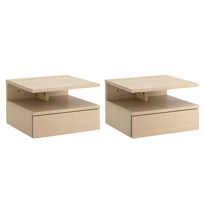 Set of 2 Floating Bedside Tables Hanging Nightstands with 1 Drawer and Open Shelf for Bedroom 35x32x22.5 cm Oak