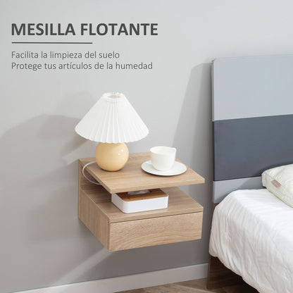 Set of 2 Floating Bedside Tables Hanging Nightstands with 1 Drawer and Open Shelf for Bedroom 35x32x22.5 cm Oak