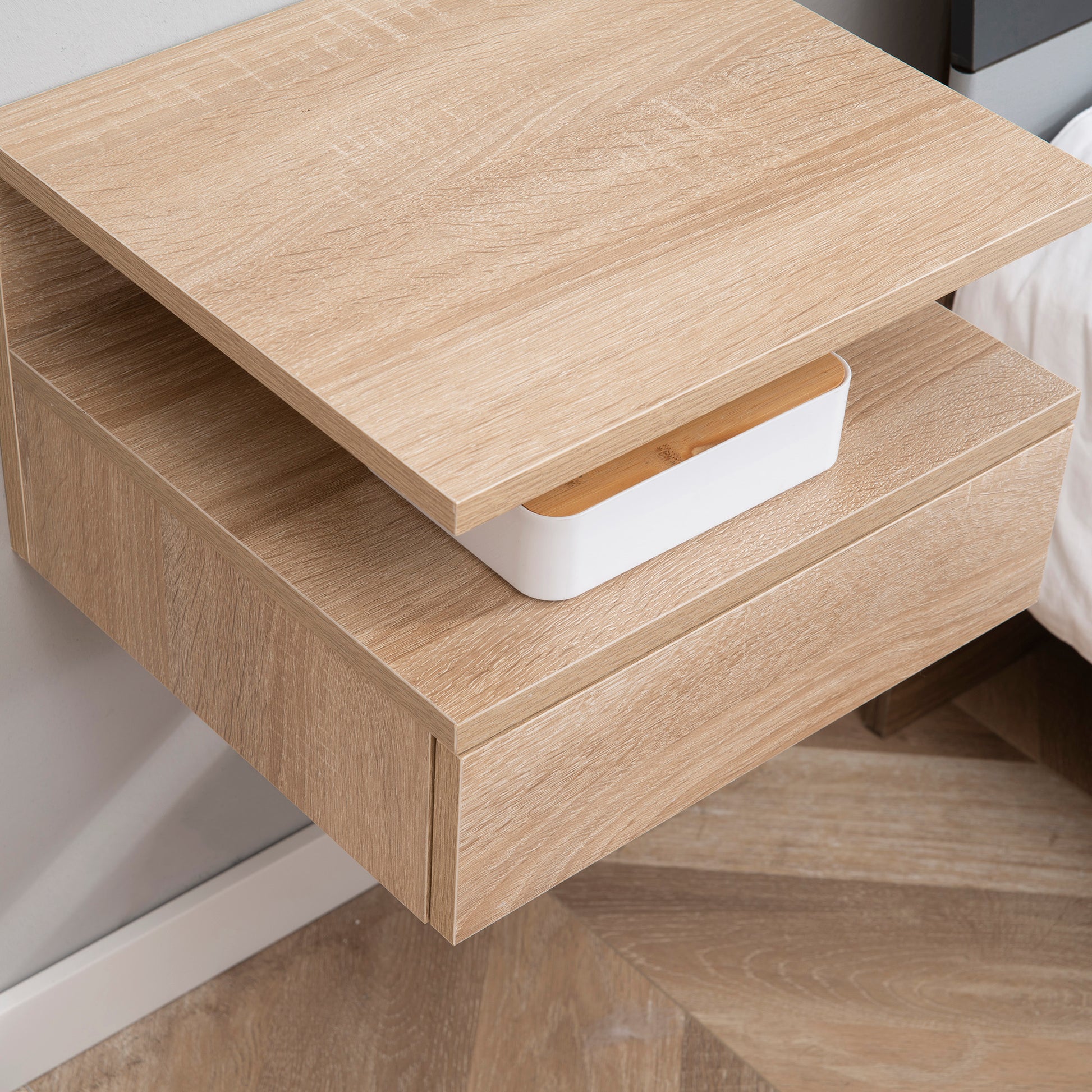 Set of 2 Floating Bedside Tables Hanging Nightstands with 1 Drawer and Open Shelf for Bedroom 35x32x22.5 cm Oak