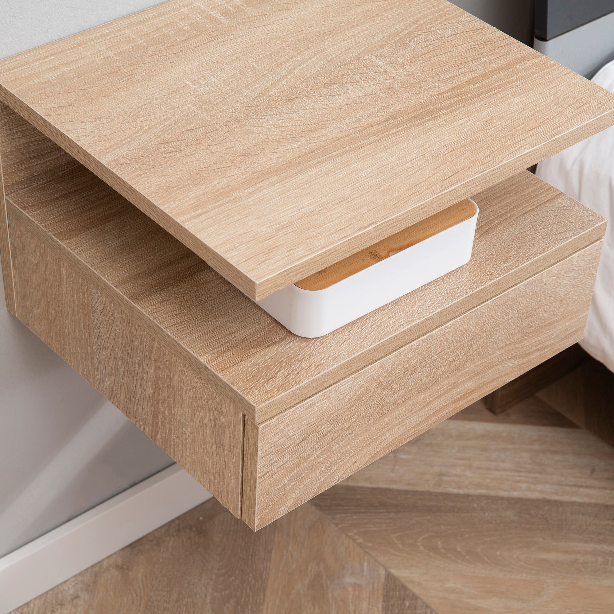 Set of 2 Floating Bedside Tables Hanging Nightstands with 1 Drawer and Open Shelf for Bedroom 35x32x22.5 cm Oak