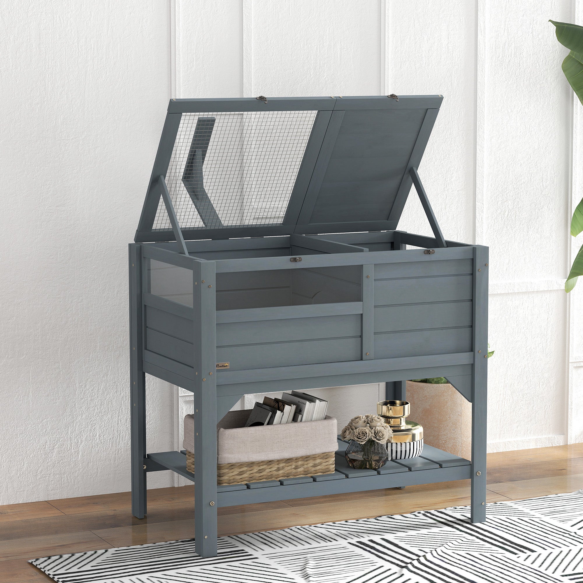 Turtle House Enclosure on Stand with Storage Shelf - Made of Fir Wood - Indoor and Outdoor - Dim. 103H x 84L x 51W cm Gray