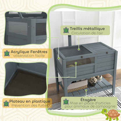 Turtle House Enclosure on Stand with Storage Shelf - Made of Fir Wood - Indoor and Outdoor - Dim. 103H x 84L x 51W cm Gray