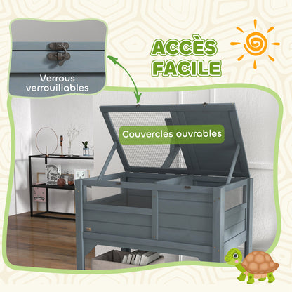 Turtle House Enclosure on Stand with Storage Shelf - Made of Fir Wood - Indoor and Outdoor - Dim. 103H x 84L x 51W cm Gray