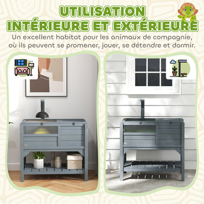 Turtle House Enclosure on Stand with Storage Shelf - Made of Fir Wood - Indoor and Outdoor - Dim. 103H x 84L x 51W cm Gray