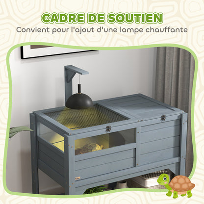 Turtle House Enclosure on Stand with Storage Shelf - Made of Fir Wood - Indoor and Outdoor - Dim. 103H x 84L x 51W cm Gray