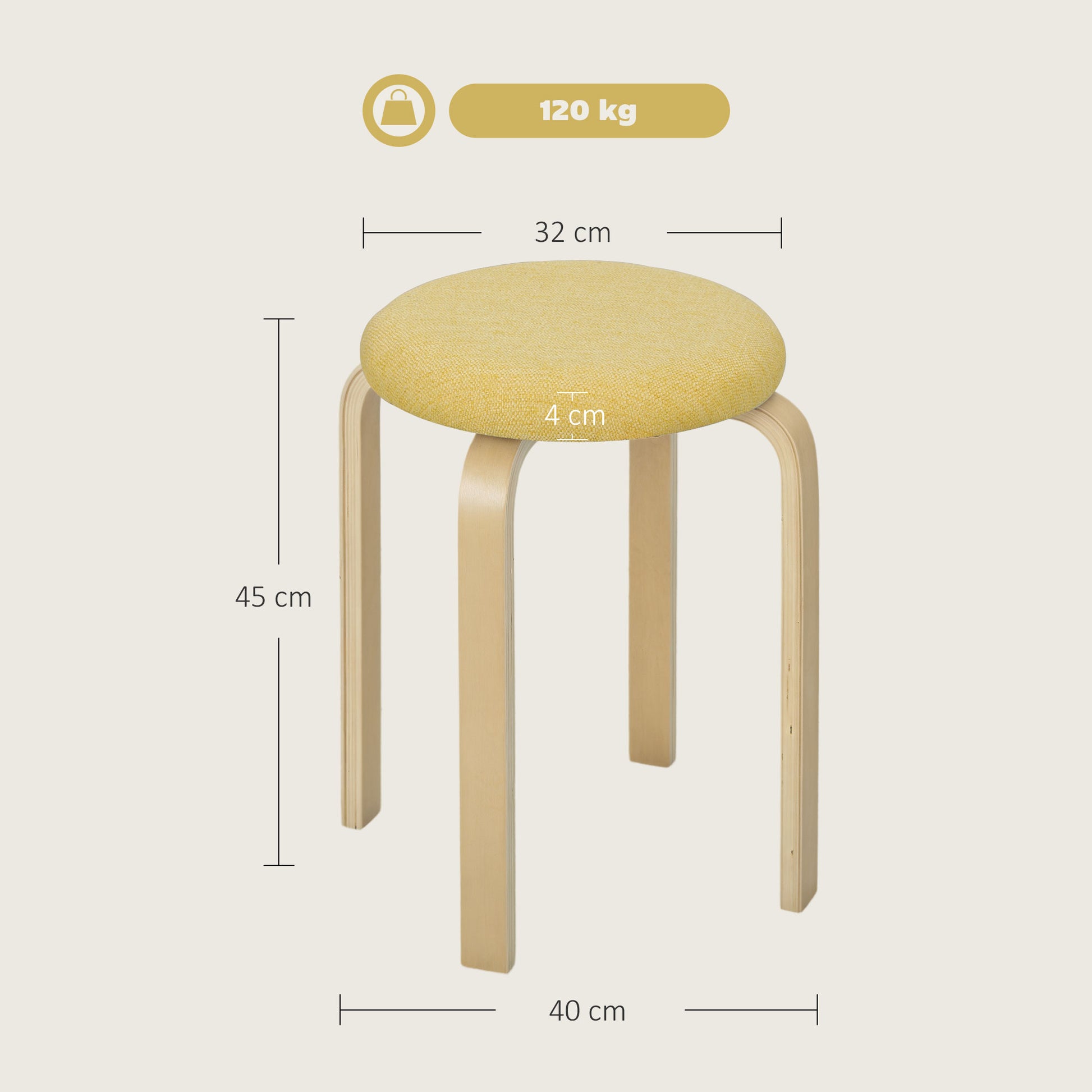 Set of 4 Stackable Round Kitchen Low Stools with Padded Seat for Dining Room Bedroom Office Living Room Yellow and Natural
