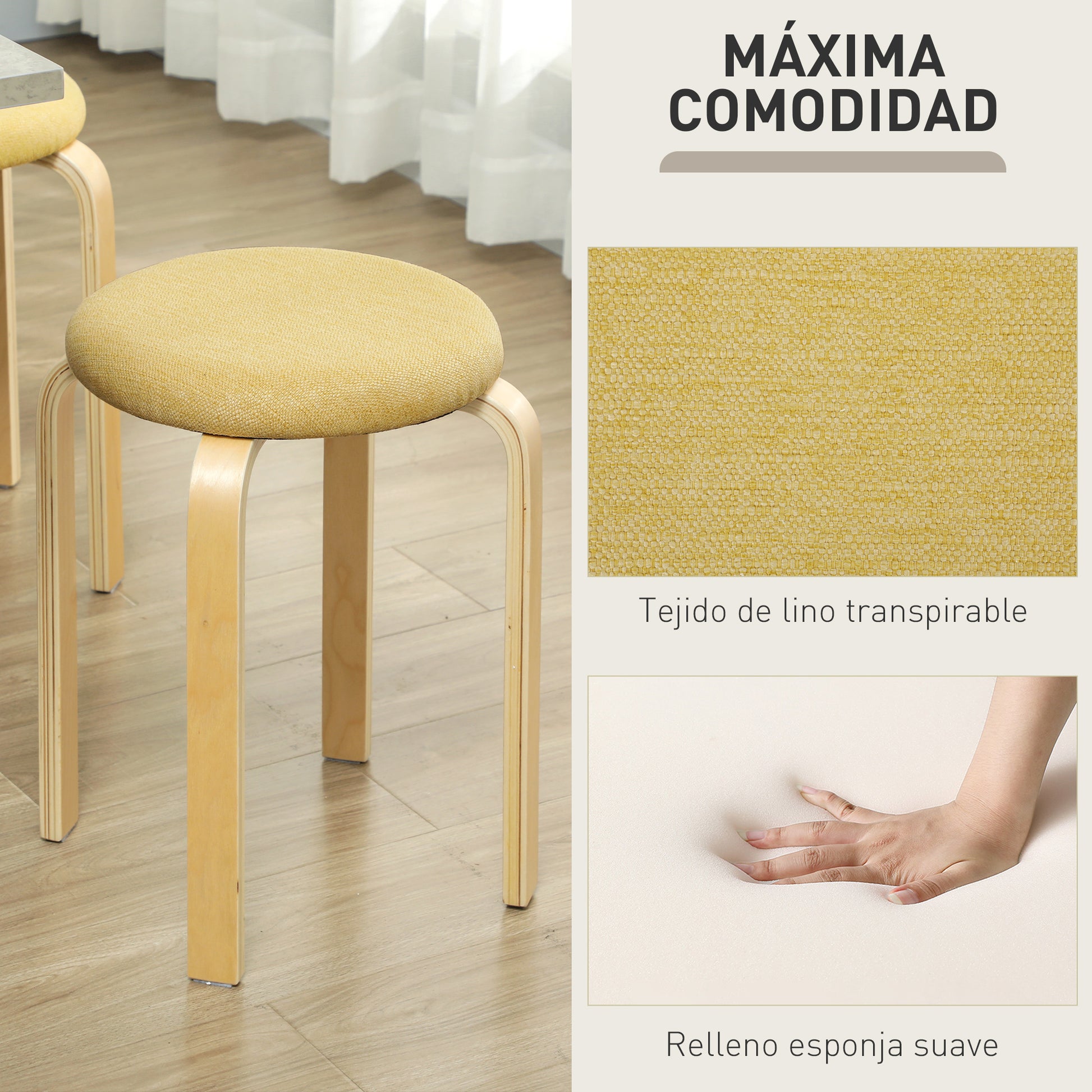 Set of 4 Stackable Round Kitchen Low Stools with Padded Seat for Dining Room Bedroom Office Living Room Yellow and Natural