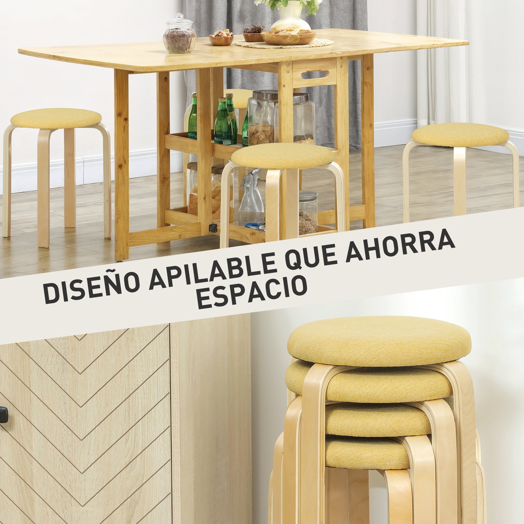 Set of 4 Stackable Round Kitchen Low Stools with Padded Seat for Dining Room Bedroom Office Living Room Yellow and Natural