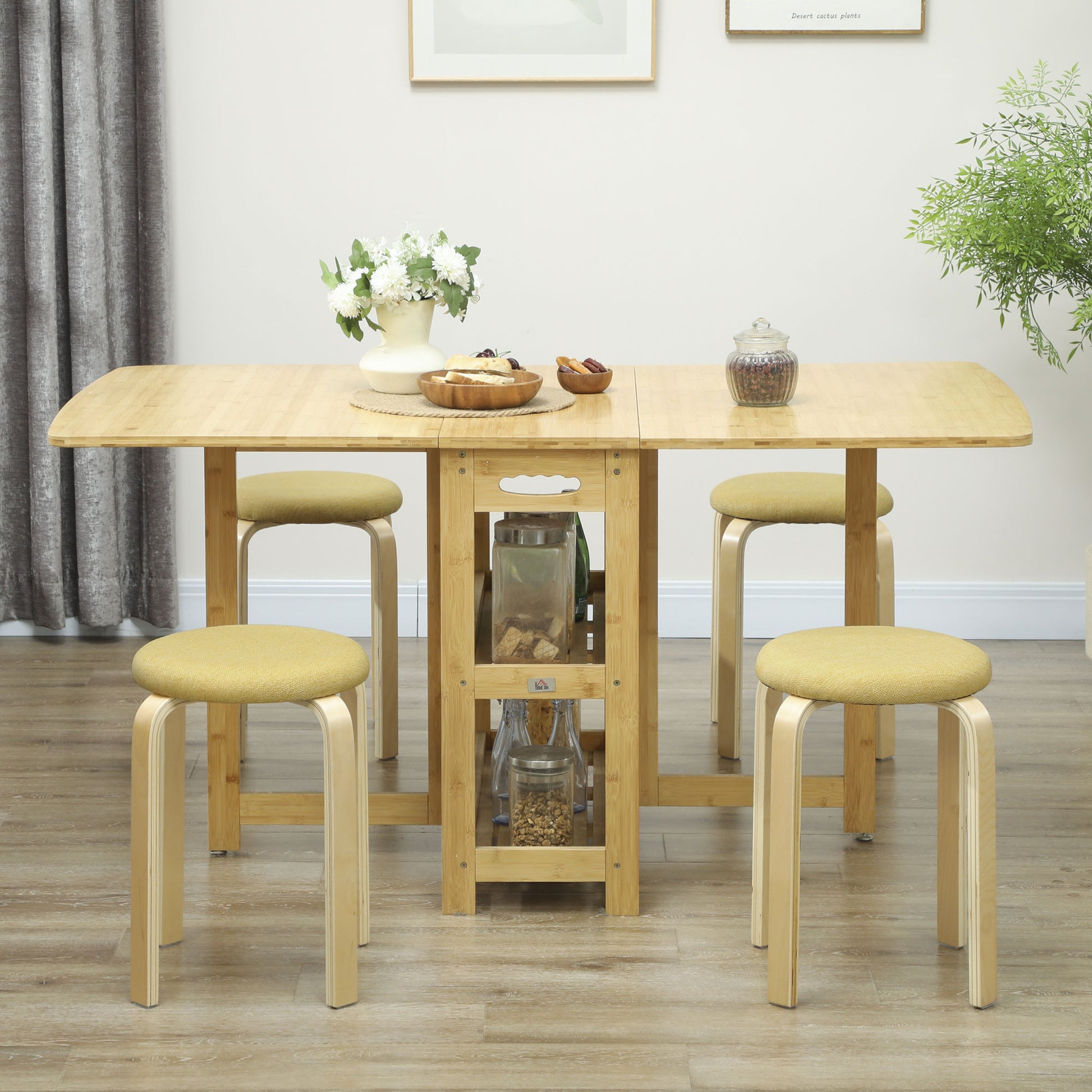 Set of 4 Stackable Round Kitchen Low Stools with Padded Seat for Dining Room Bedroom Office Living Room Yellow and Natural