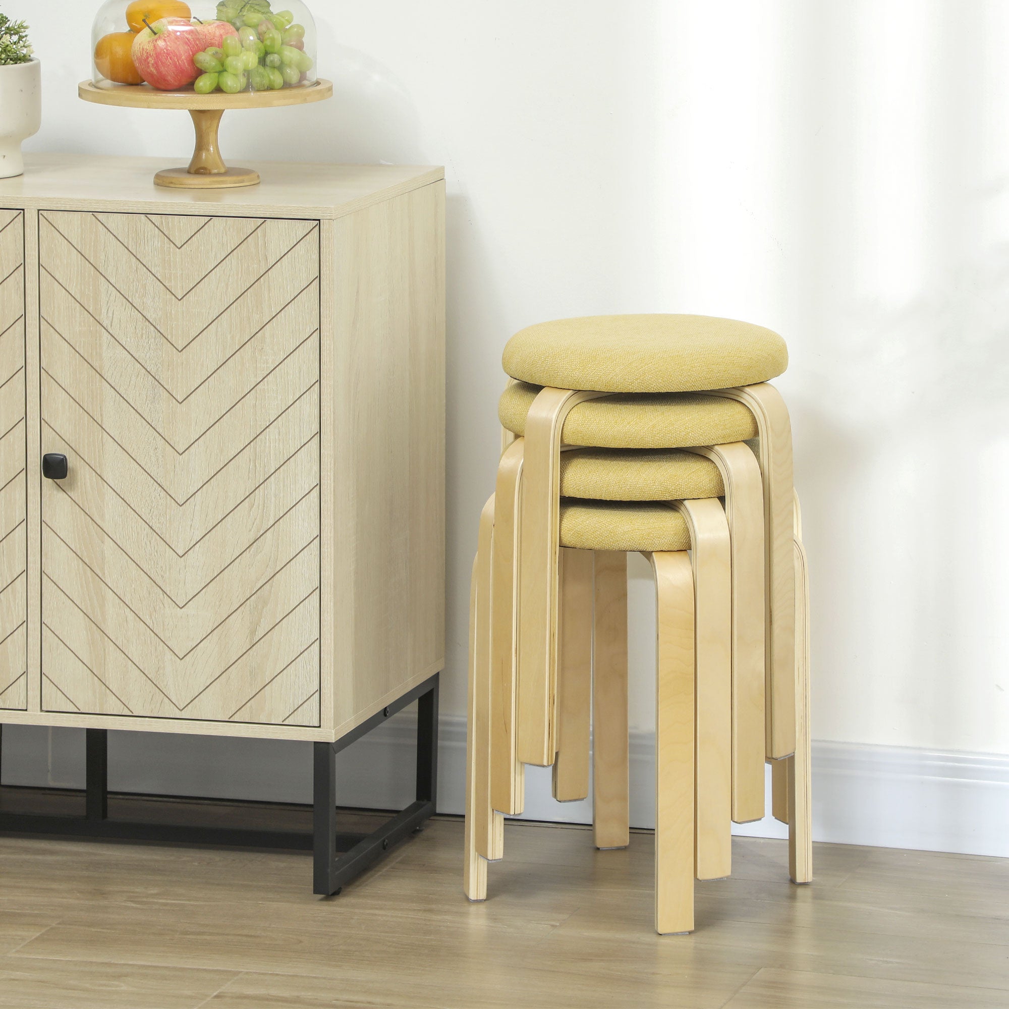 Set of 4 Stackable Round Kitchen Low Stools with Padded Seat for Dining Room Bedroom Office Living Room Yellow and Natural