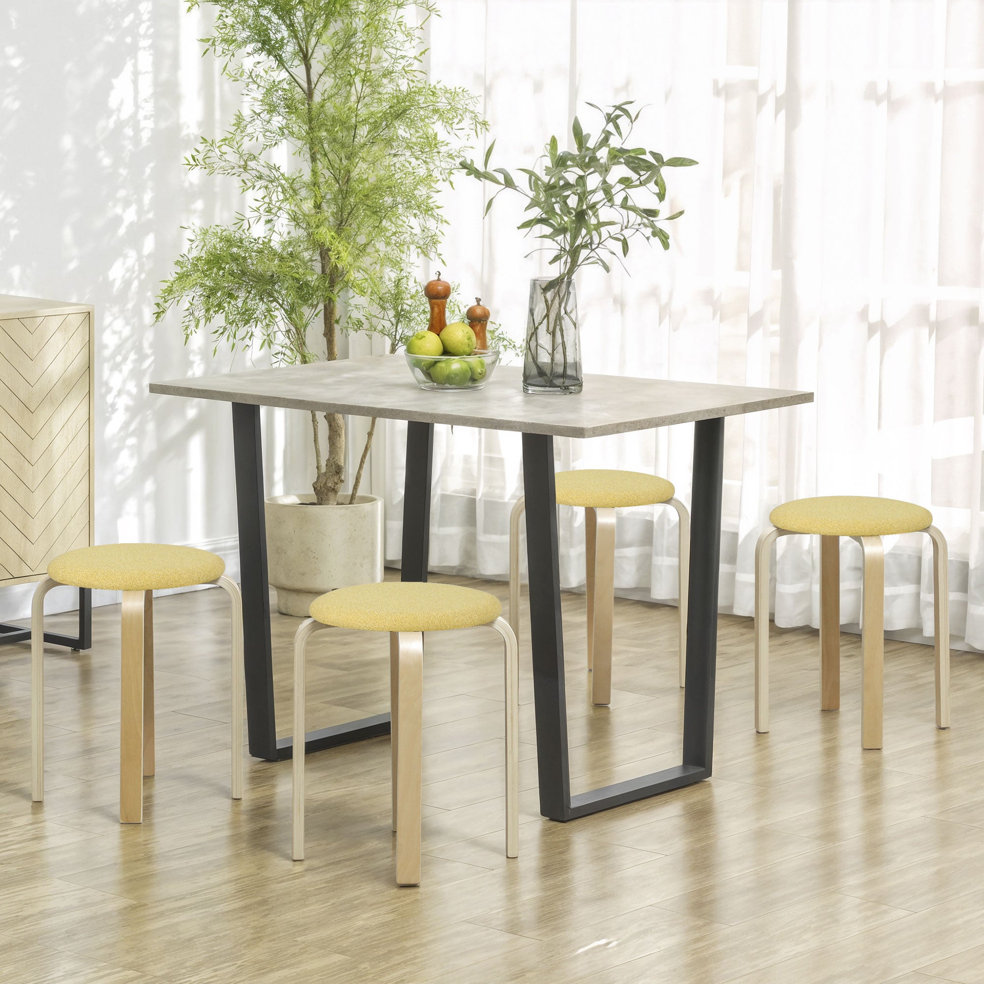 Set of 4 Stackable Round Kitchen Low Stools with Padded Seat for Dining Room Bedroom Office Living Room Yellow and Natural