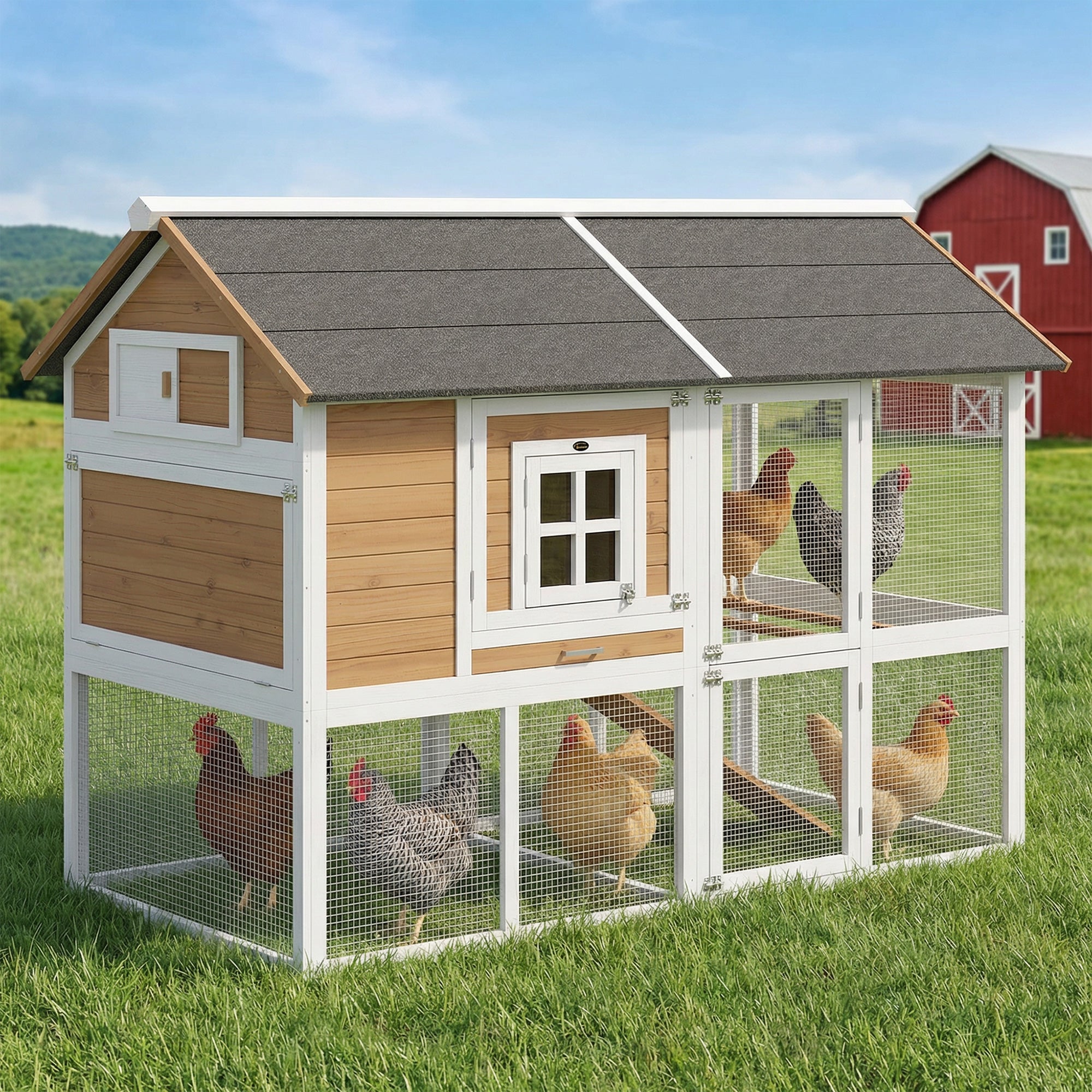 Chicken Coop with Run & Nest Box for 4 Hens, 200 x 104 x 145 cm Wooden Hen House with Removable Tray, Waterproof Asphalt Roof, Ramp, Brown