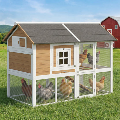 Chicken Coop with Run & Nest Box for 4 Hens, 200 x 104 x 145 cm Wooden Hen House with Removable Tray, Waterproof Asphalt Roof, Ramp, Brown