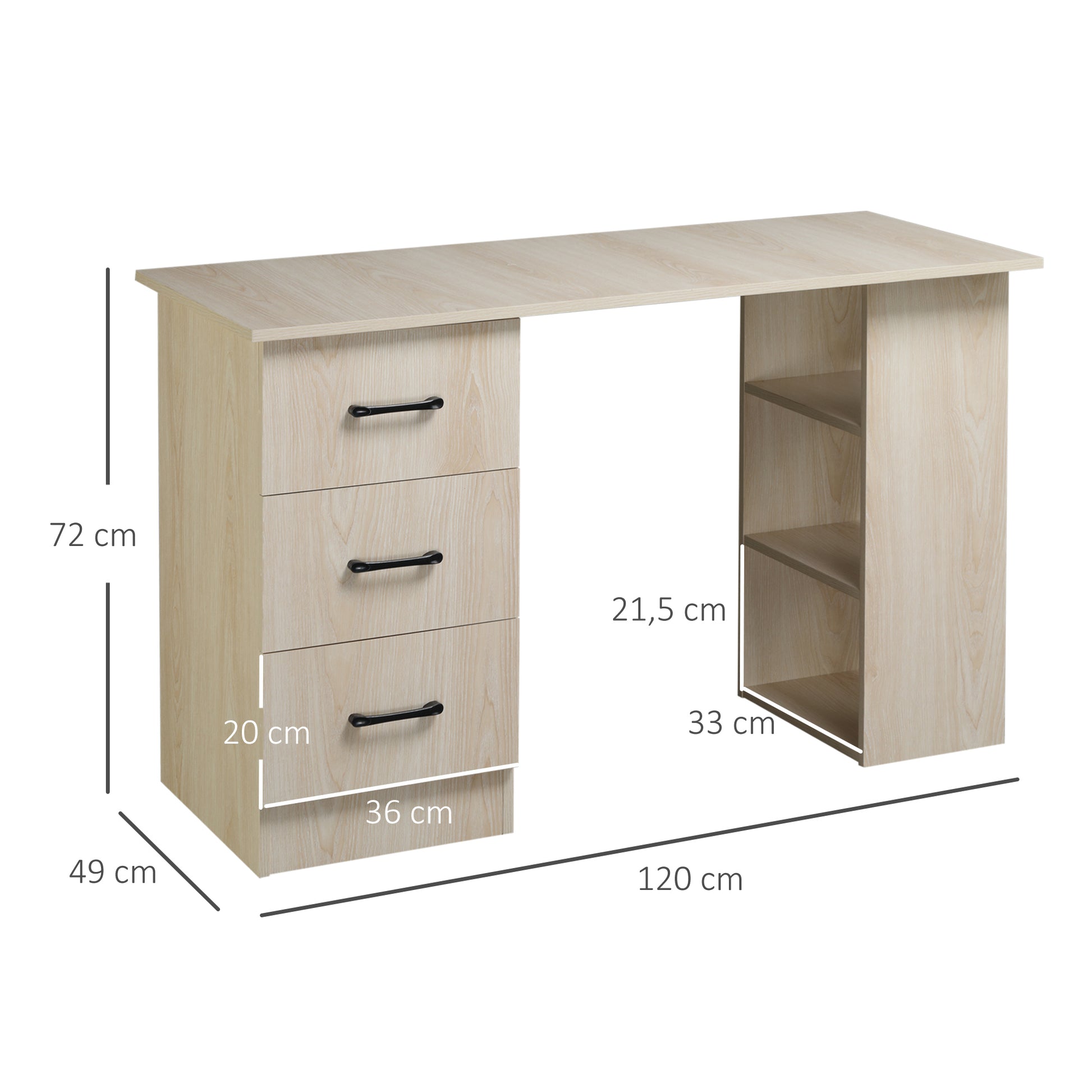 Desk with Storage, Computer Table 120 x 50 cm, Computer Desk with Shelves and Drawers, for Small Spaces, Bedroom, Natural Wood