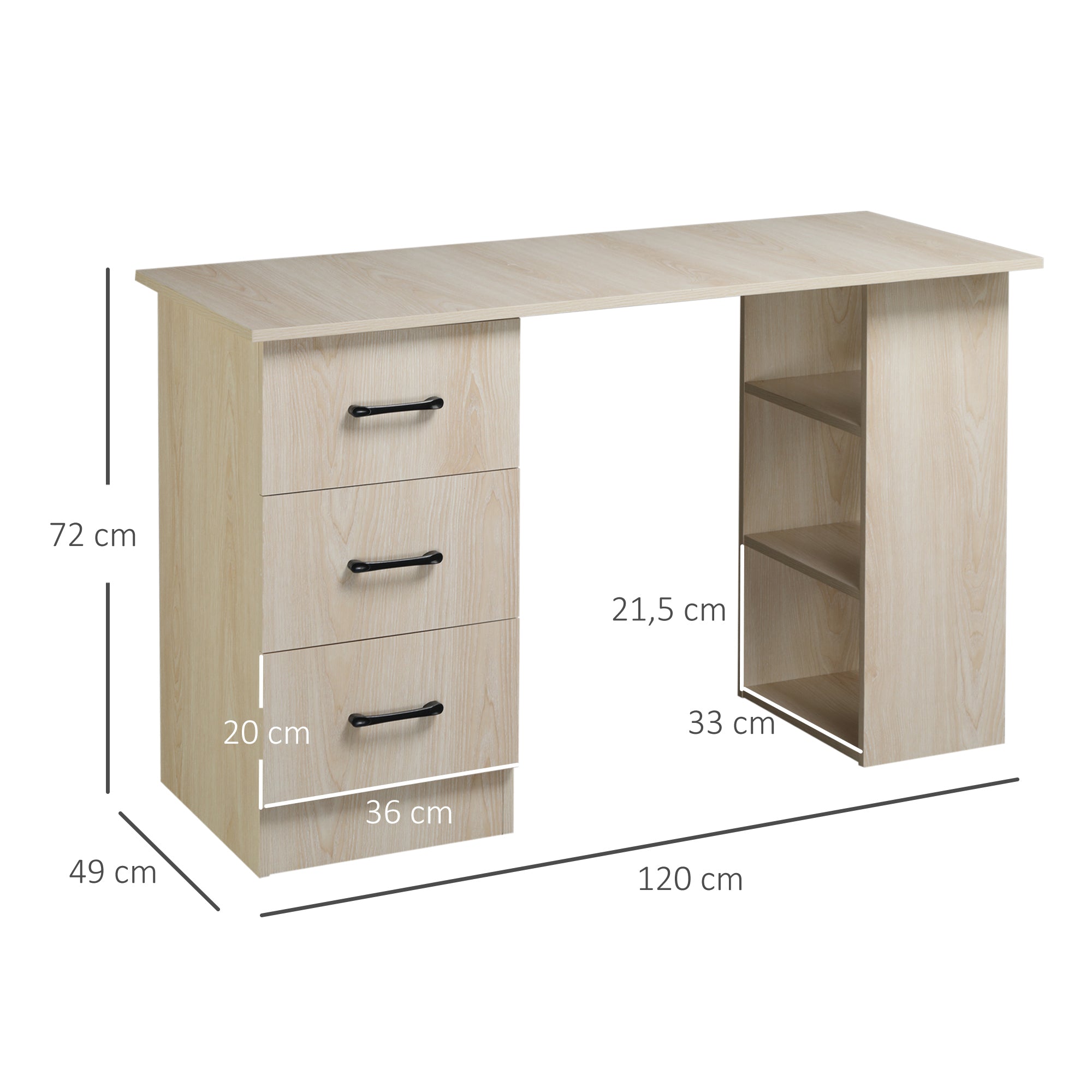 Desk with Storage, Computer Table 120 x 50 cm, Computer Desk with Shelves and Drawers, for Small Spaces, Bedroom, Natural Wood
