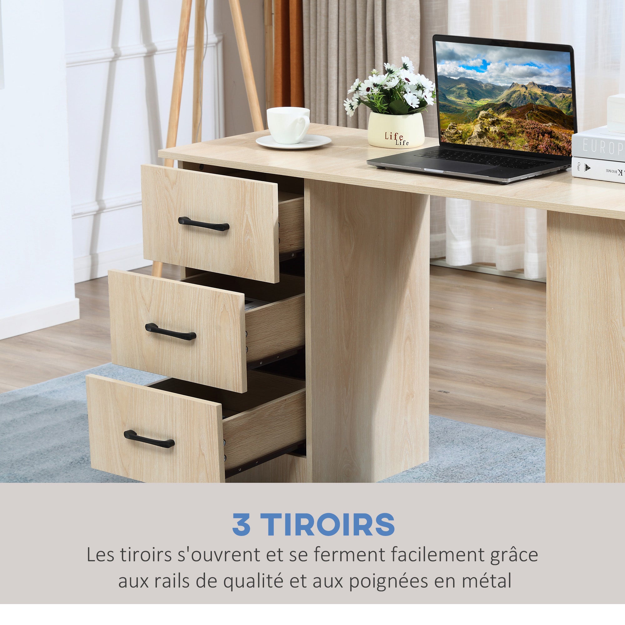 Desk with Storage, Computer Table 120 x 50 cm, Computer Desk with Shelves and Drawers, for Small Spaces, Bedroom, Natural Wood