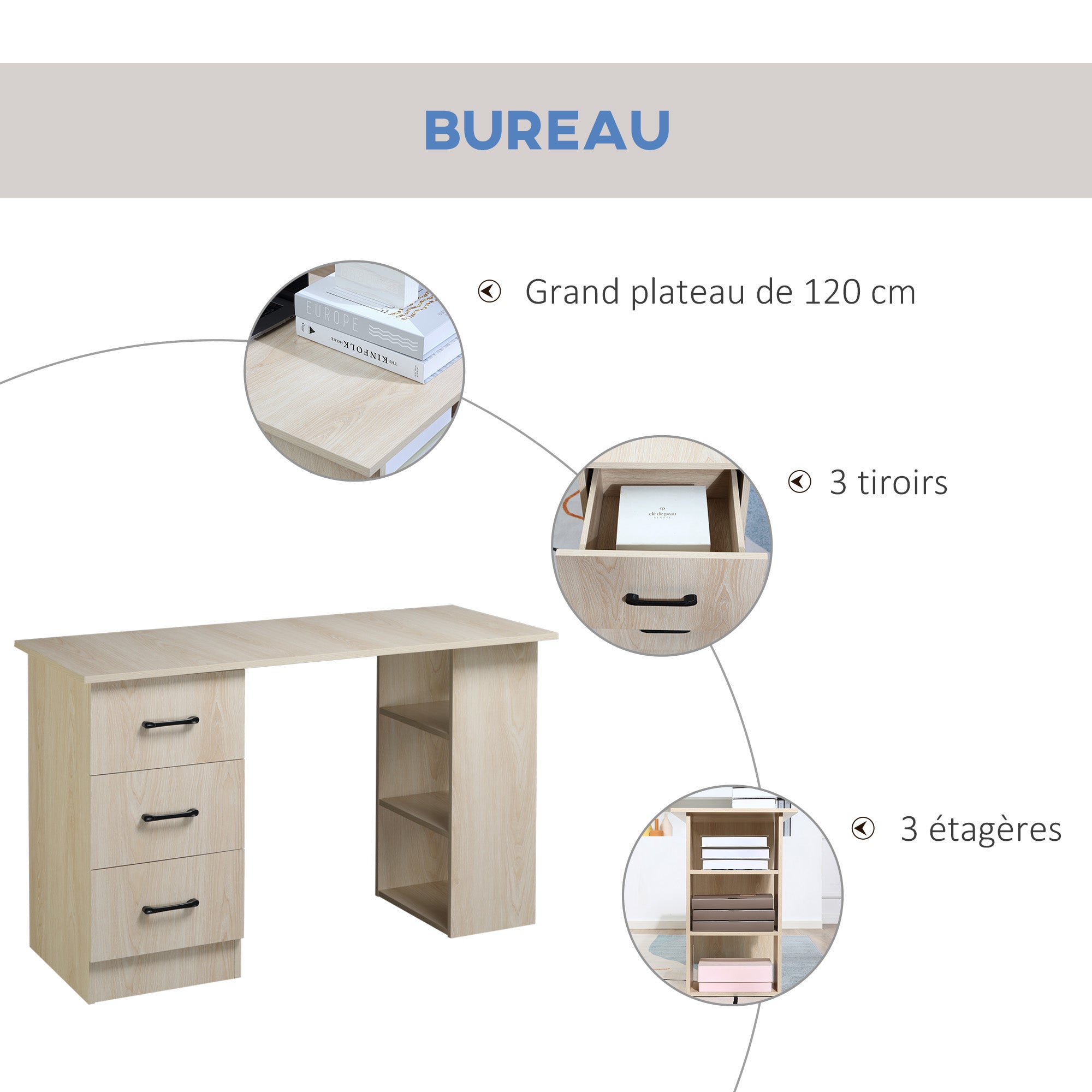 Desk with Storage, Computer Table 120 x 50 cm, Computer Desk with Shelves and Drawers, for Small Spaces, Bedroom, Natural Wood