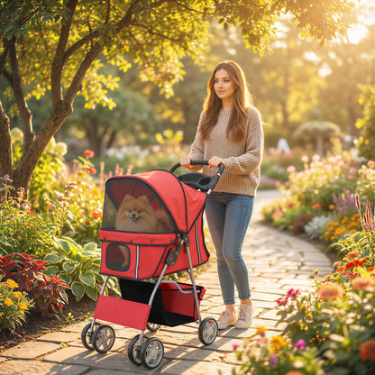 Foldable Pet Stroller for Small Dogs & Cats — Up to 22 lb, 360° Swivel Wheels, Brakes, Reflective Strips, Storage Basket, Washable Cushion, Cup Holder, Red