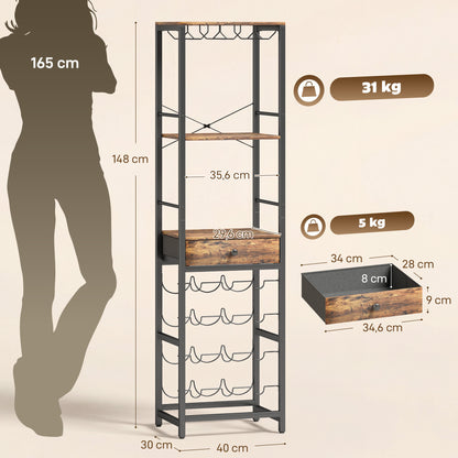 12-Bottle Wine Rack with Open Shelf and Drawer, Industrial Metal Wine Shelf for Kitchen, Living Room, Bar — 15.7 x 11.8 x 58.3 in (40 x 30 x 148 cm), Rustic Brown