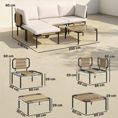 PE Rattan 5-Piece Garden Furniture Set – Modular L-Shaped Lounge with 3 Chairs, Glass Table, Ottoman & Removable Cushions, Khaki