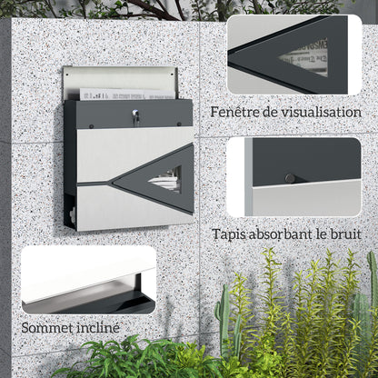 Wall Mounted Mailbox in Galvanized Steel, Lockable Outdoor Mailbox 2 keys provided, with window, mounting hardware, easy to install, 37 x 11 x 37 cm, silver