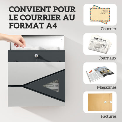 Wall Mounted Mailbox in Galvanized Steel, Lockable Outdoor Mailbox 2 keys provided, with window, mounting hardware, easy to install, 37 x 11 x 37 cm, silver