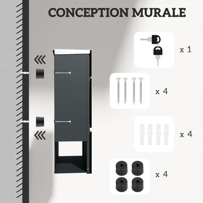 Wall Mounted Mailbox in Galvanized Steel, Lockable Outdoor Mailbox 2 keys provided, with window, mounting hardware, easy to install, 37 x 11 x 37 cm, silver