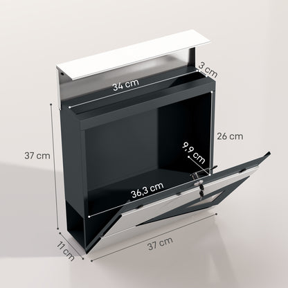 Wall Mounted Mailbox in Galvanized Steel, Lockable Outdoor Mailbox 2 keys provided, with window, mounting hardware, easy to install, 37 x 11 x 37 cm, silver