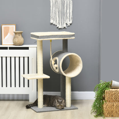 Scratching Tree 104 cm Cat Tree with Cat Cave, Cat Scratching Tree with Play Ball, Cat Tree with 2 Lounging Areas, Climbing Tree for Cats up to 5 kg, Cat Furniture, Sisal, Gray