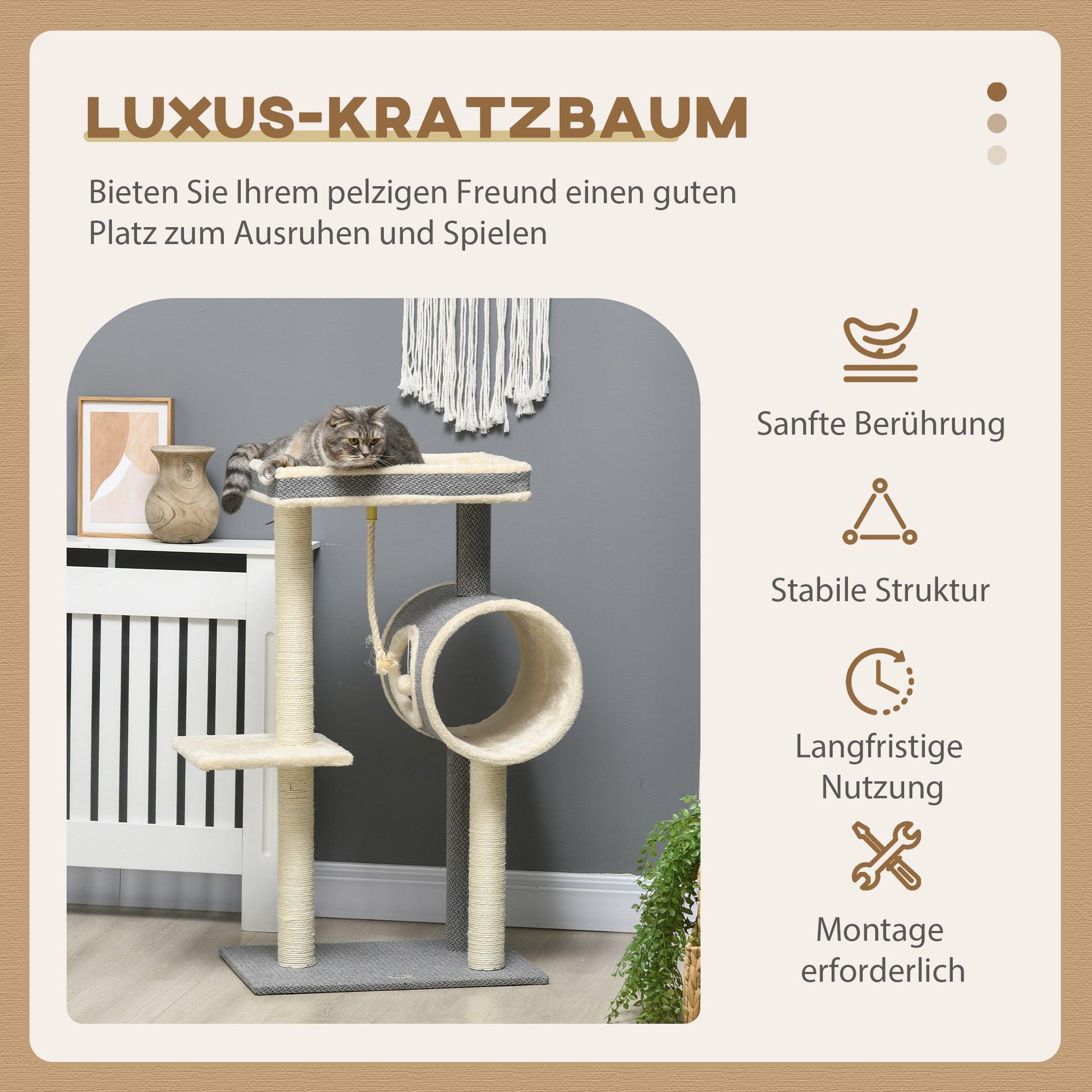 Scratching Tree 104 cm Cat Tree with Cat Cave, Cat Scratching Tree with Play Ball, Cat Tree with 2 Lounging Areas, Climbing Tree for Cats up to 5 kg, Cat Furniture, Sisal, Gray