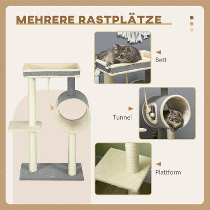 Scratching Tree 104 cm Cat Tree with Cat Cave, Cat Scratching Tree with Play Ball, Cat Tree with 2 Lounging Areas, Climbing Tree for Cats up to 5 kg, Cat Furniture, Sisal, Gray