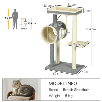 Scratching Tree 104 cm Cat Tree with Cat Cave, Cat Scratching Tree with Play Ball, Cat Tree with 2 Lounging Areas, Climbing Tree for Cats up to 5 kg, Cat Furniture, Sisal, Gray