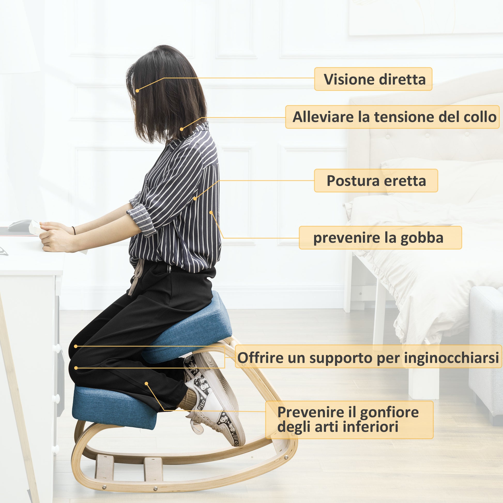 Ergonomic Kneeling Chair in Birch Wood, Posture Chair with Foam and Polyester Cushion for Home and Office, Blue