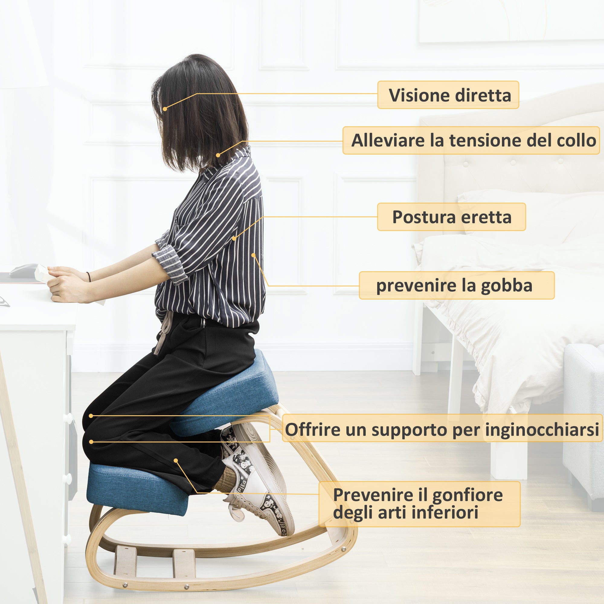 Ergonomic Kneeling Chair in Birch Wood, Posture Chair with Foam and Polyester Cushion for Home and Office, Blue